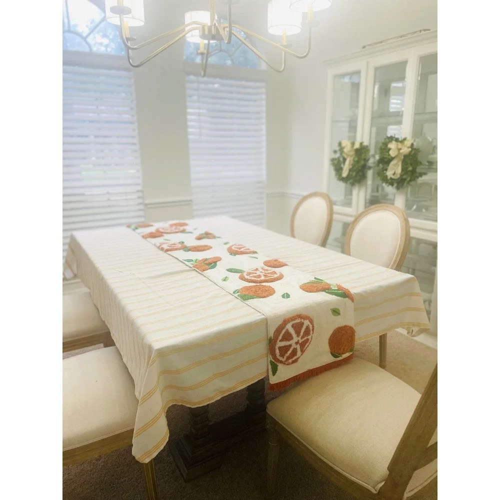 Kirkland's Home Orange Citrus Cotton Table Runner Tufted Fruit Fringe Cream